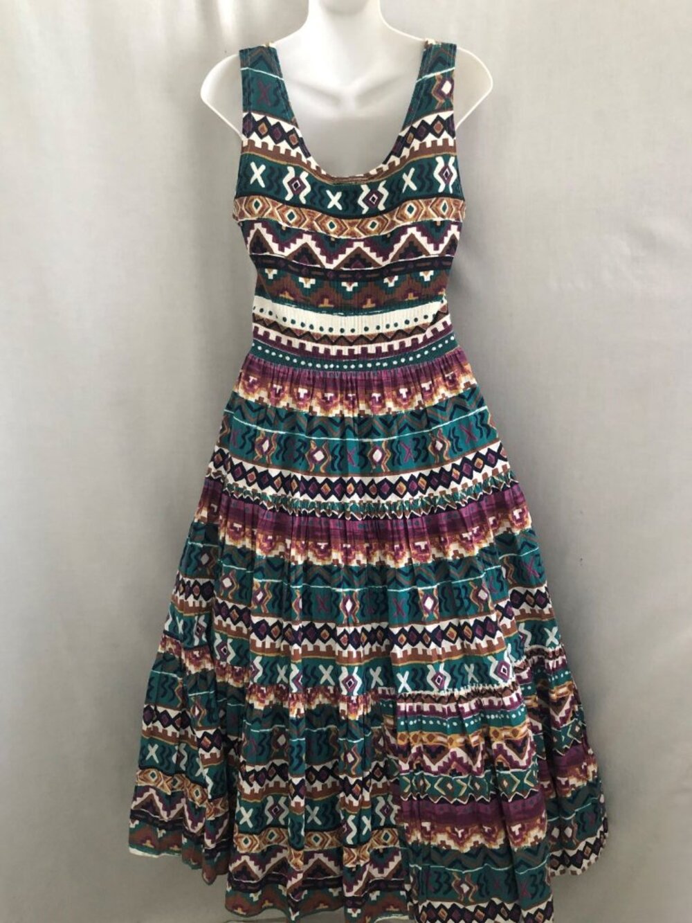 Vintage 90s Aztec Geo Print Cotton Dress Small Kathie Lee Plaza South - Picture 9 of 15